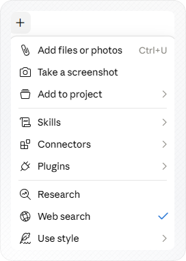 Plus menu button at the bottom of a Claude chat used to access tools and attachments