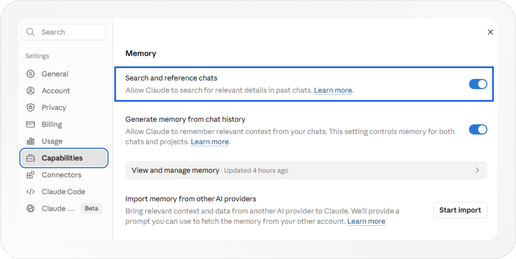 Claude Settings page with Capabilities selected and the Search and reference chats option enabled
