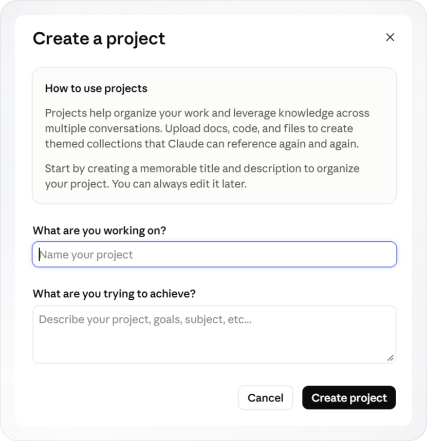 Create Project dialog in Claude with fields for a project name and description