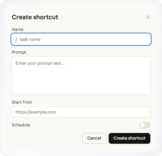 Create shortcut dialog in Claude in Chrome showing the Name, Prompt, Start from, and Schedule fields
