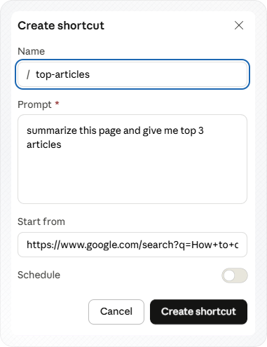 Create shortcut dialog pre-filled with the Name and Prompt from the saved chat message