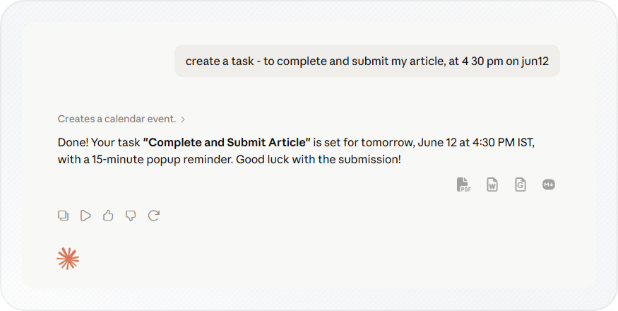 Claude chat showing a request to schedule a new meeting, with Claude drafting the event details and asking for approval before saving to Google Calendar