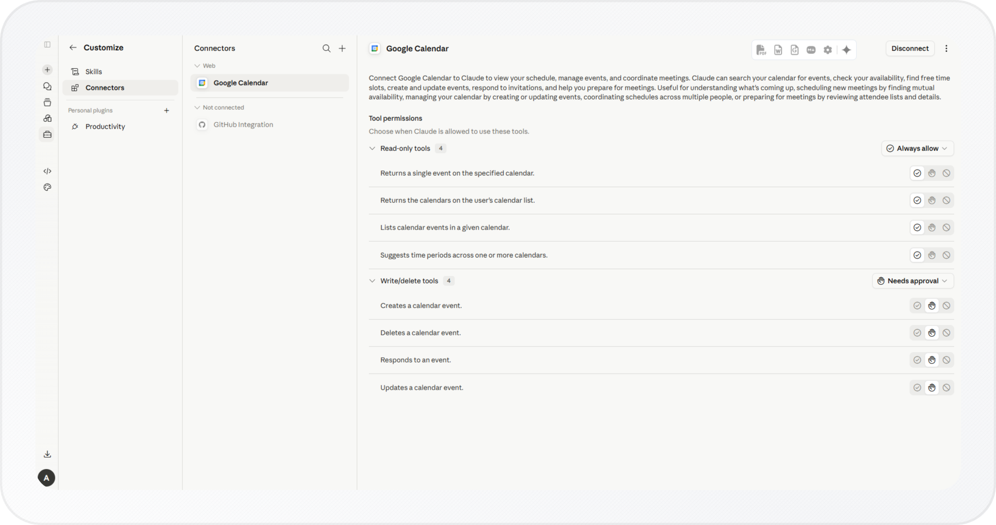 Claude tool permissions screen showing toggles for calendar actions