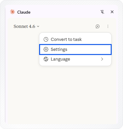 Claude in Chrome side panel with the three-dot menu button highlighted in the top-right corner