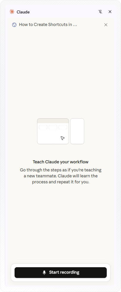 Claude in Chrome Teach Claude panel showing the Start Recording button