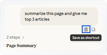 Claude in Chrome chat message showing Save as shortcut and Copy options on hover